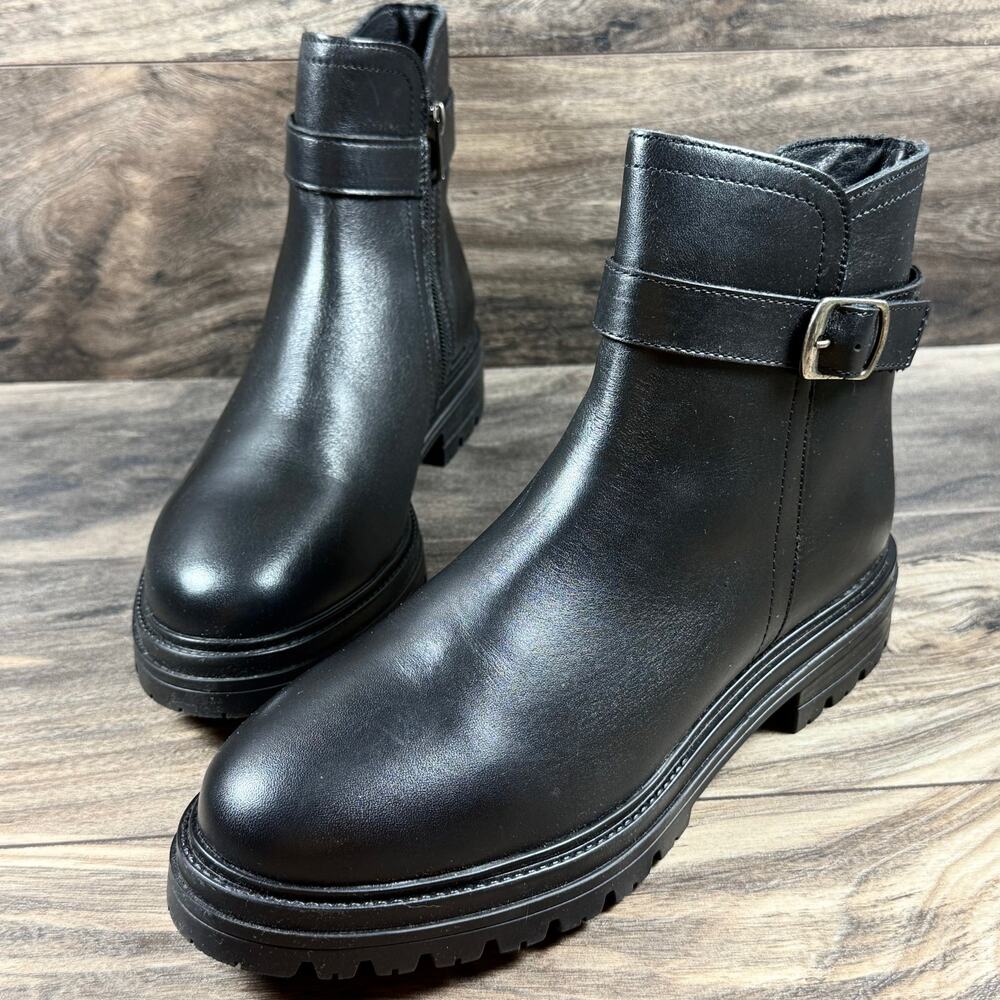 NIB Steve Madden Maezy 7M Black Leather Lug Sole Zip Ankle Boots Booties - Picture 4 of 12